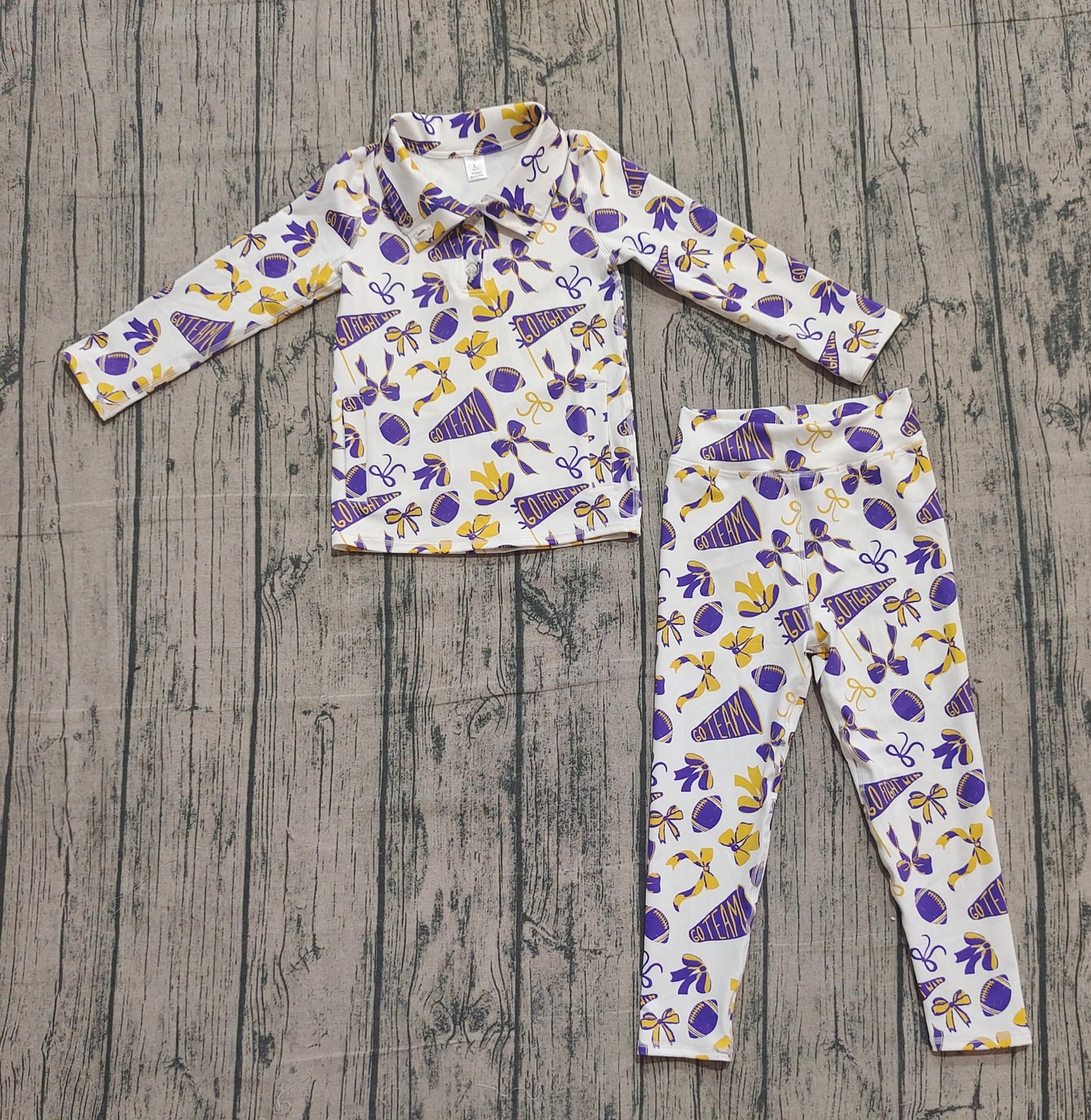Baby Girls Purple Yellow Bows Footballs Go Teams Pullovers Leggings Yoga Active Clothes Sets