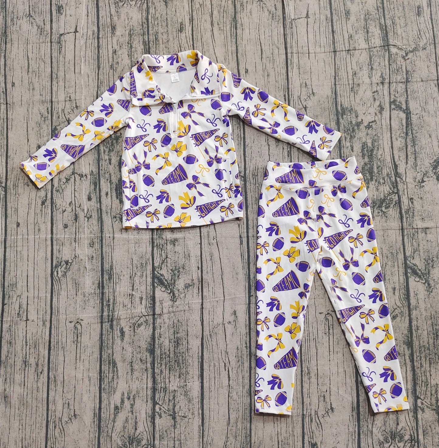 Baby Girls Purple Yellow Bows Footballs Go Teams Pullovers Leggings Yoga Active Clothes Sets