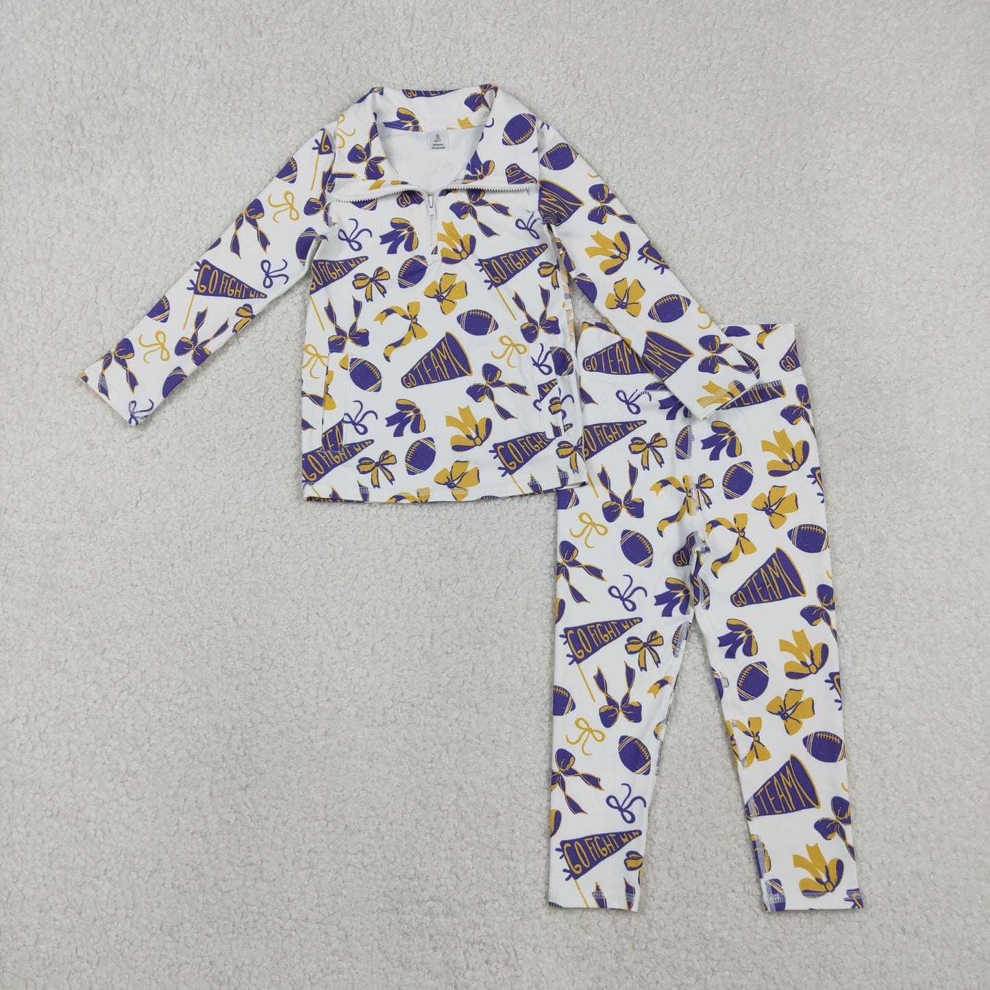 Baby Girls Purple Yellow Bows Footballs Go Teams Pullovers Leggings Yoga Active Clothes Sets