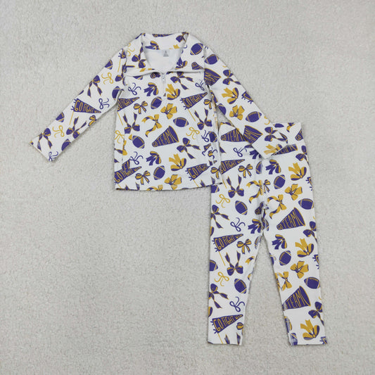 Baby Girls Purple Yellow Bows Footballs Go Teams Pullovers Leggings Yoga Active Clothes Sets