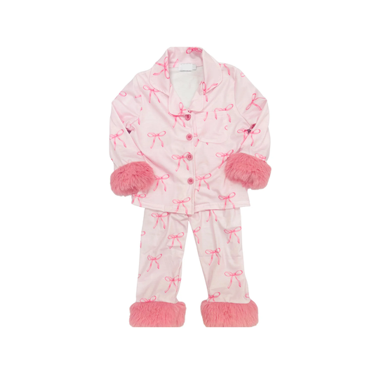 Baby Girls Light Pink Bows Plaid Button Pocket Top Pant Fur Pajamas Set Preorder