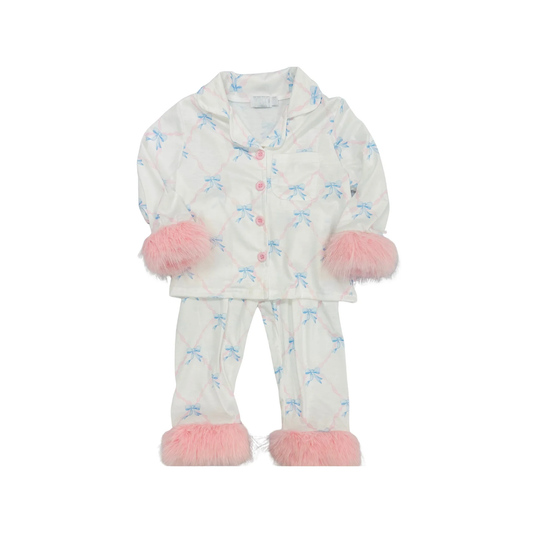 Baby Girls Light Blue Bows Plaid Button Pocket Top Pant Fur Pajamas Set Preorder