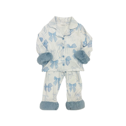 Baby Girls Blue Bows Plaid Button Pocket Top Pant Fur Pajamas Set Preorder