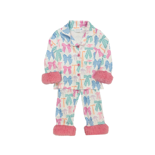 Baby Girls Colorful Bows Plaid Button Pocket Top Pant Fur Pajamas Set Preorder