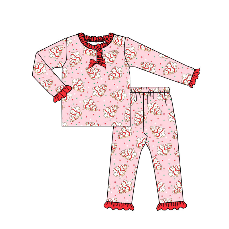 Baby Girls Pink Christmas Trees Stars Button Top Pant Pajamas Set Preorder