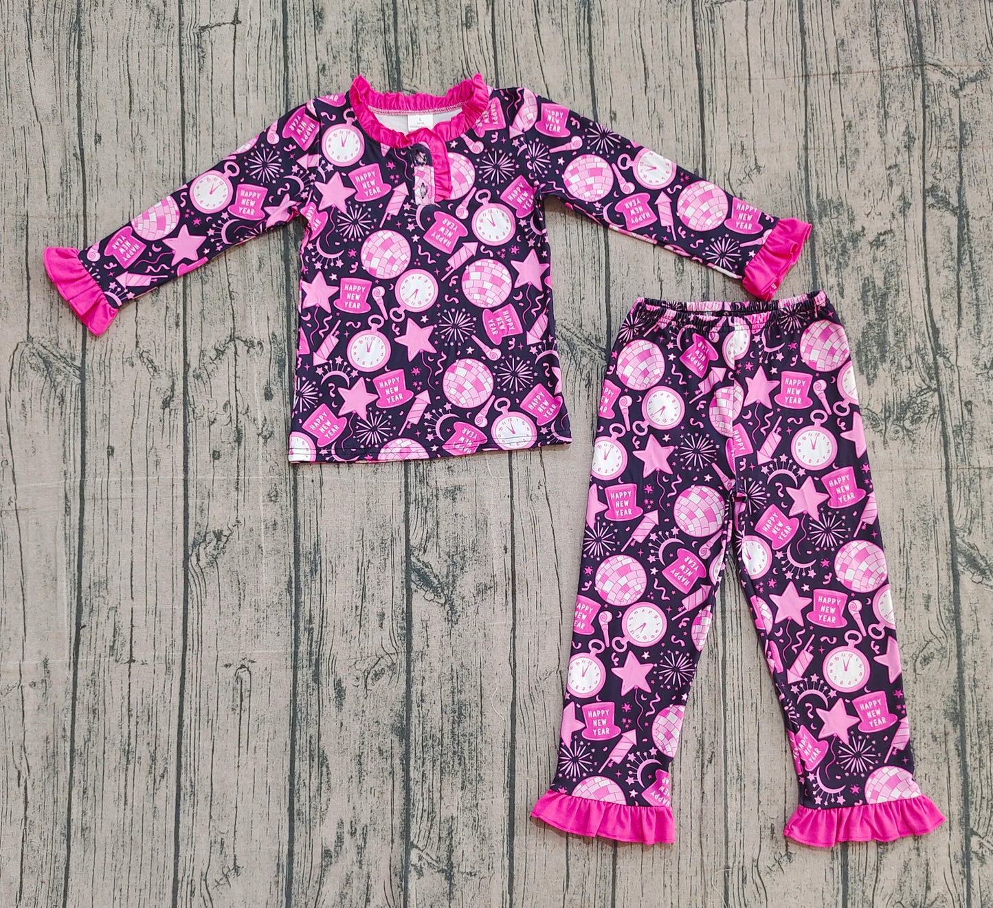 Baby Girls Hot Pink Happy New Year Button Top Pant Pajamas Sets
