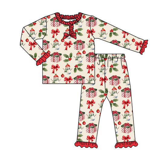 Baby Girls Snowmen Bows Button Top Pant Christmas Pajamas Set Preorder