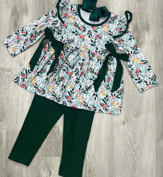 Baby Girls Green Flowers Bows Tunic Leggings Pant Fall Clothes Set Preorder