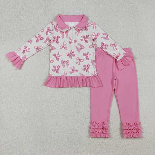 Baby Girls Pink Bows Zipper Pullover Ruffle Legging Pant Fall Clothes Sets
