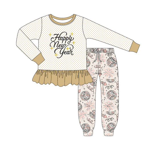 Baby Girls Khaki Stripe Happy New Year Tunic Pockets Jogger Pant Set Preorder