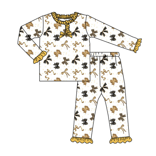 Baby Girls Black Gold Bows Button Top Ruffle Pant Pajamas Set Preorder