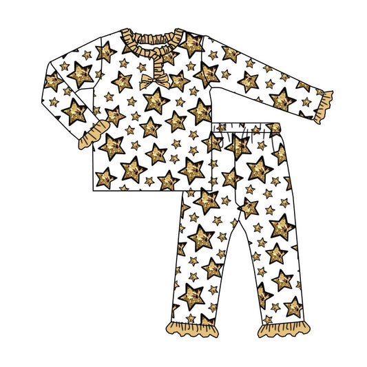 Baby Girls Gold Stars Button Top Ruffle Pant Pajamas Set Preorder
