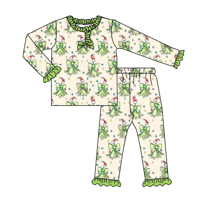 Baby Girls Bows Lights Button Top Ruffle Pant Christmas Pajamas Set Preorder