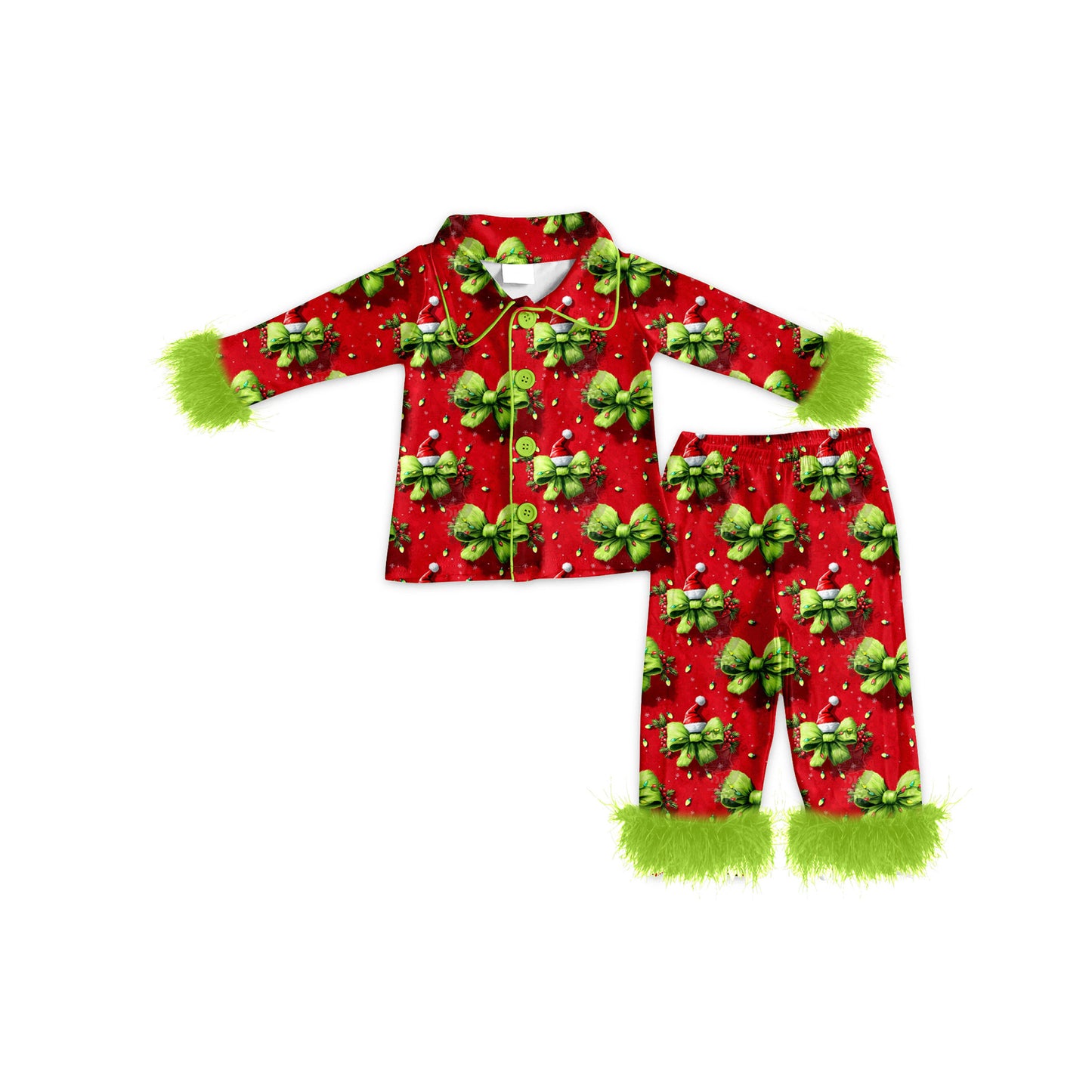 Baby Girls Green Bows Lights Button Top Pant Christmas Fur Pajamas Set Preorder
