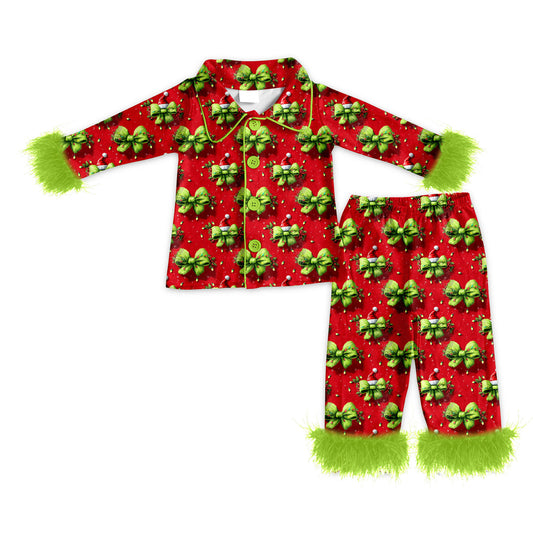 Adult Women Green Bows Lights Button Top Pants Christmas Fur Pajamas Set Preorder