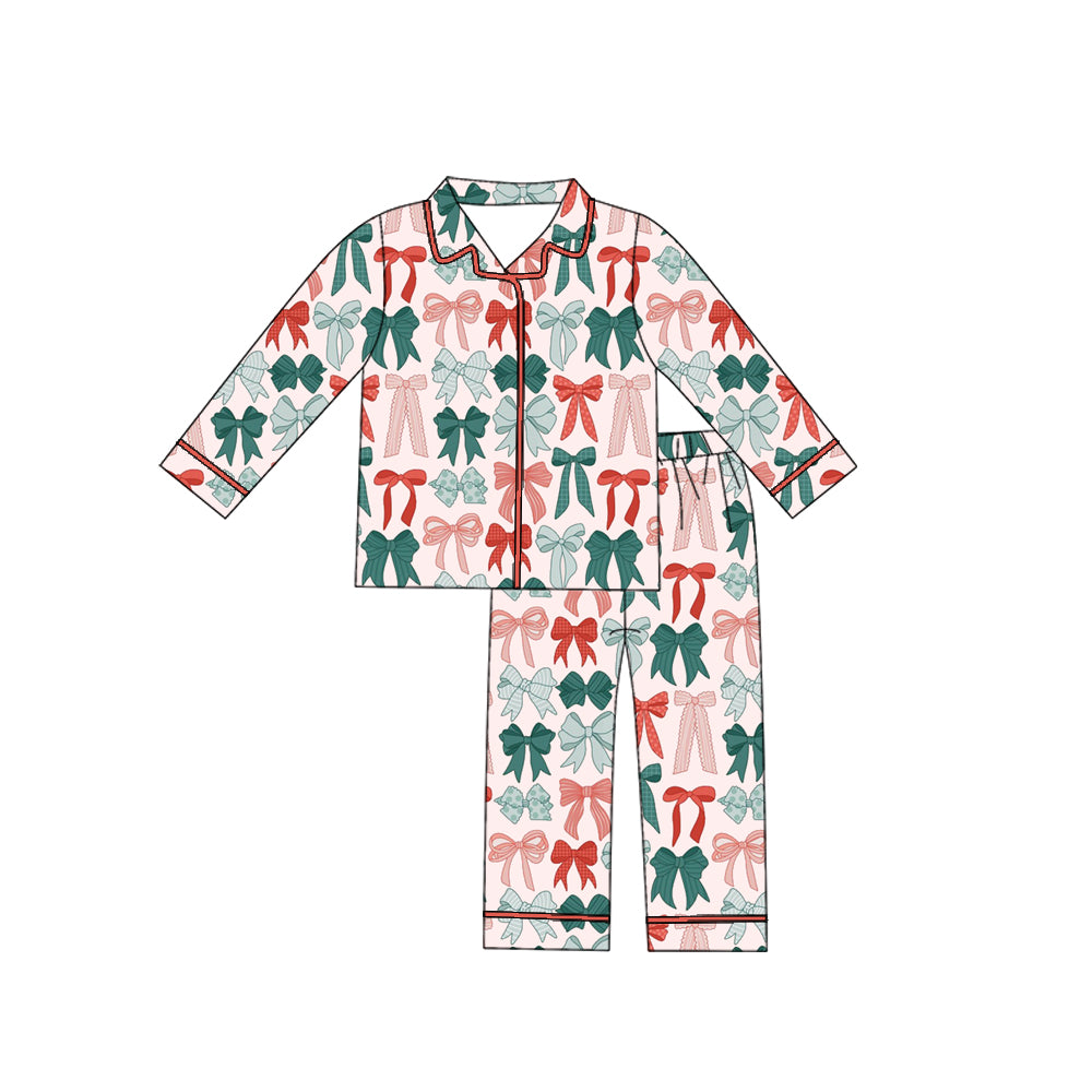 Baby Girls Long Sleeve Green Red Bows Button Top Pants Christmas Pajamas Set Preorder