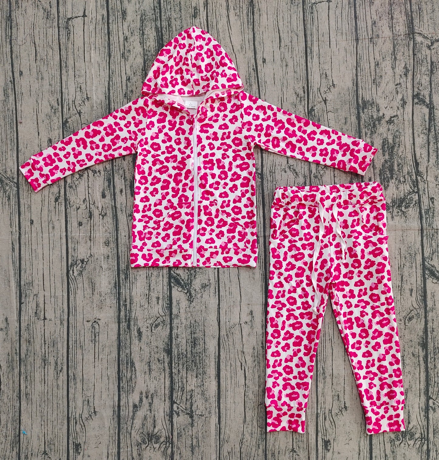 Baby Girls Pink Leopard Zipper Pockets Hoodies Top Joggers Clothes Sets