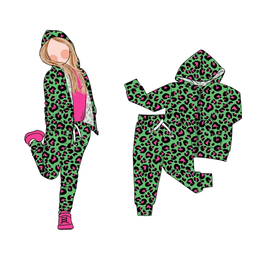 Baby Girls Green Leopard Zipper Pockets Hoodie Jogger Pant Clothes Sets Preorder