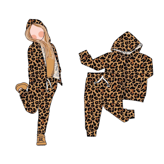 Baby Girls Brown Leopard Zipper Pockets Hoodie Jogger Pant Clothes Sets Preorder