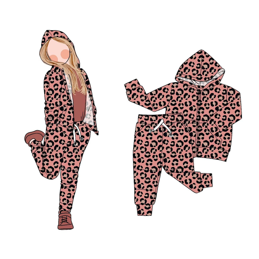 Baby Girls Peach Leopard Zipper Pockets Hoodie Jogger Pant Clothes Sets Preorder