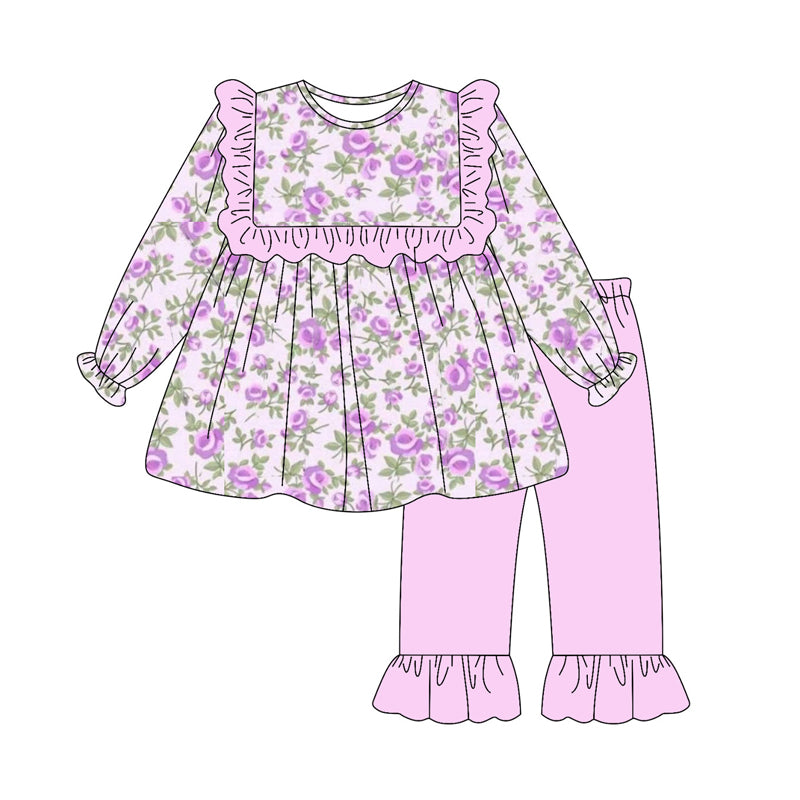 Baby Girls Hot Pink Flowers Tunic Ruffle Pant Clothes Sets Preorder