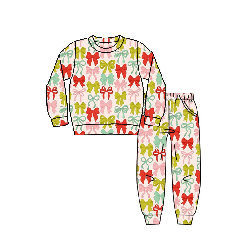 Baby Girls Green Red Bows Top Pockets Jogger Pant Christmas Clothes Sets Preorder