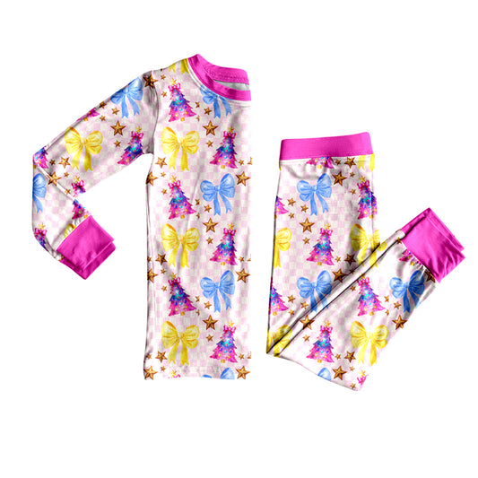Baby Girls Pigs Checked Trees Bows Top Pants Christmas Pajamas Sets Preorder
