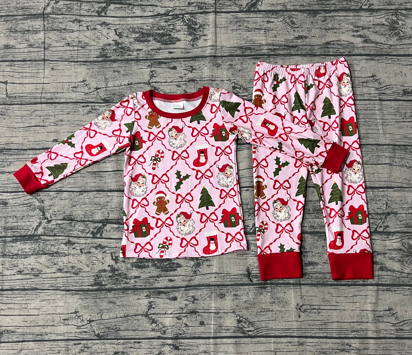 Baby Girls Red Bows Santa Gifts Checked Top Pant Christmas Pajamas Sets