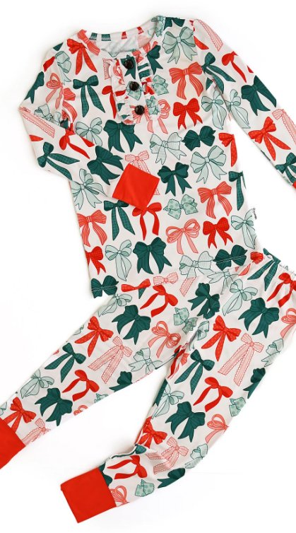 Baby Girls Red Green Bows Button up Top Pants Christmas Pajamas Sets Preorder