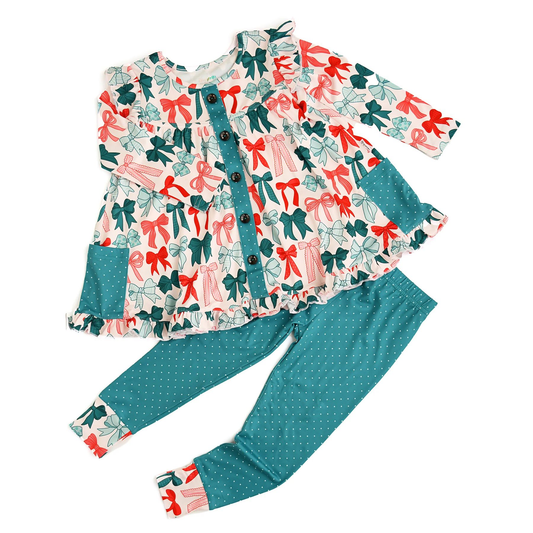 Baby Girls Red Green Bows Button Pockets Tunic Leggings Christmas Clothes Sets Preorder