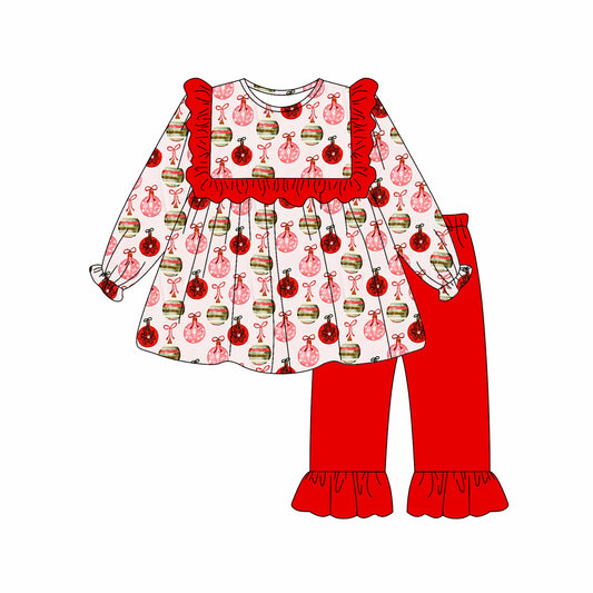 Baby Girls Red Green Bows Lights Tunic Ruffle Pant Christmas Clothes Sets Preorder