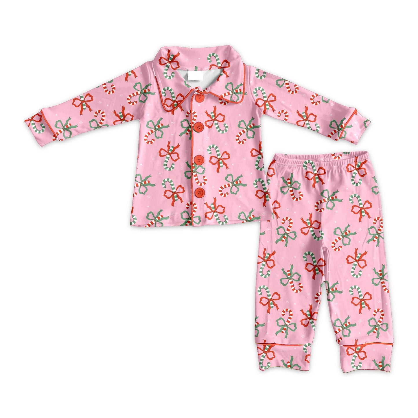 Baby Girls Candy Cane Bows Button Top Pant Christmas Pajamas Sets Preorder