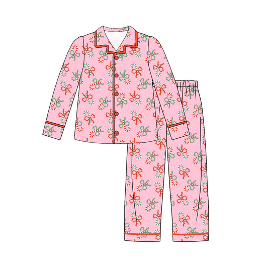 Adult Women Candy Cane Bows Button Top Pant Christmas Pajamas Sets Preorder