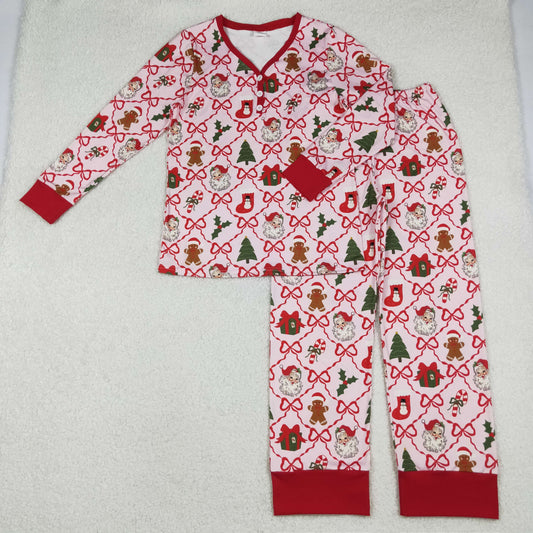 Mama and Me Bows Santa Socks Checked Top Pants Christmas Pajamas Sets Zipper Rompers