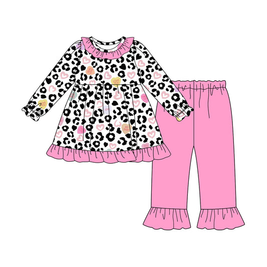 Baby Girls Pink Black Leopard Hearts Tunic Ruffle Pant Valentine Clothes Sets Preorder