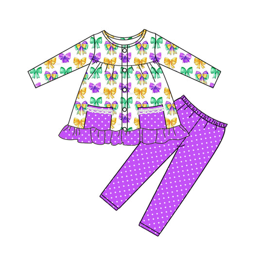 Baby Girls Purple Yellow Green Bows Button Pockets Tunic Legging Mardi Gras Set Preorder