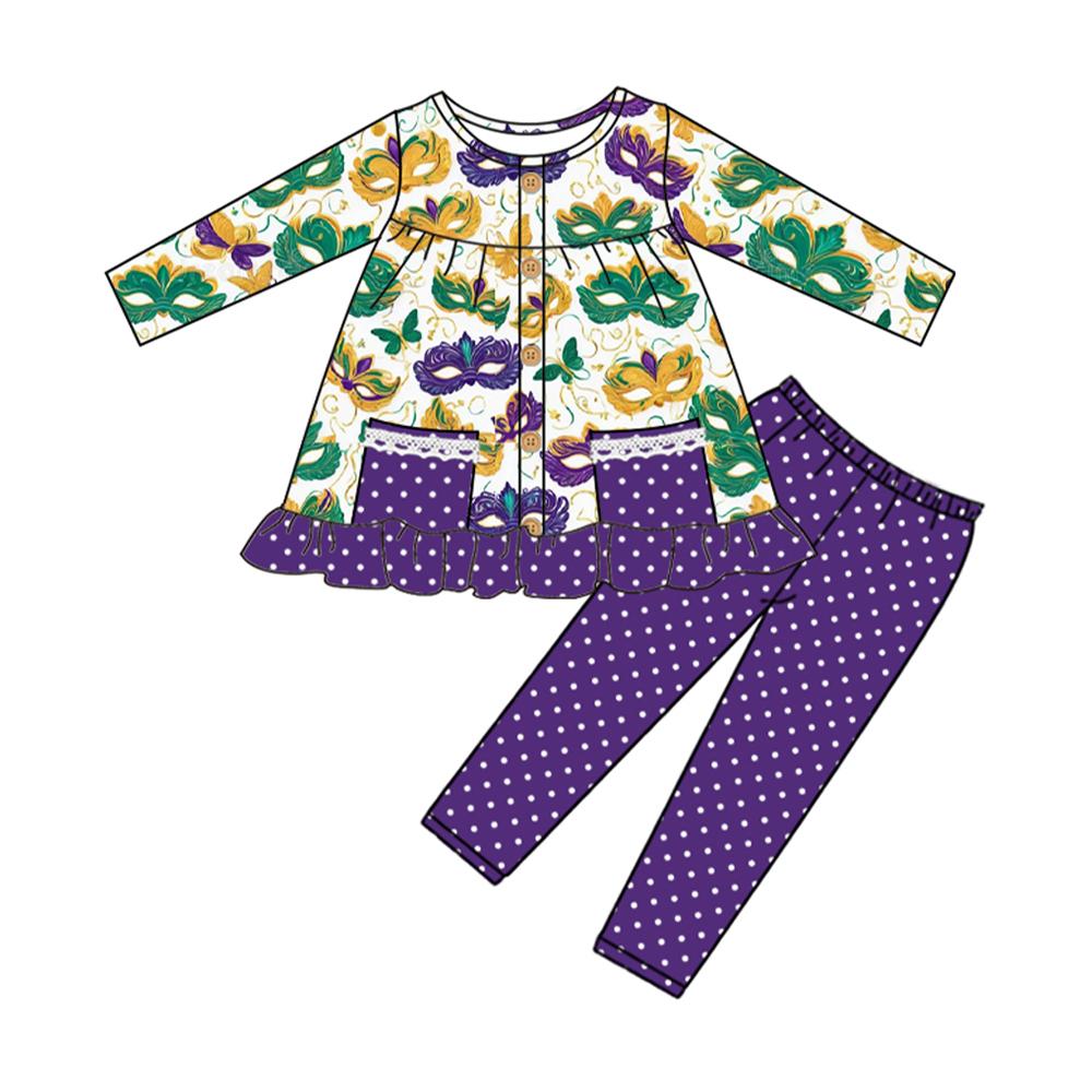 Baby Girls Mardi Gras Masks Button Pockets Tunic Leggings Clothes Sets Preorder