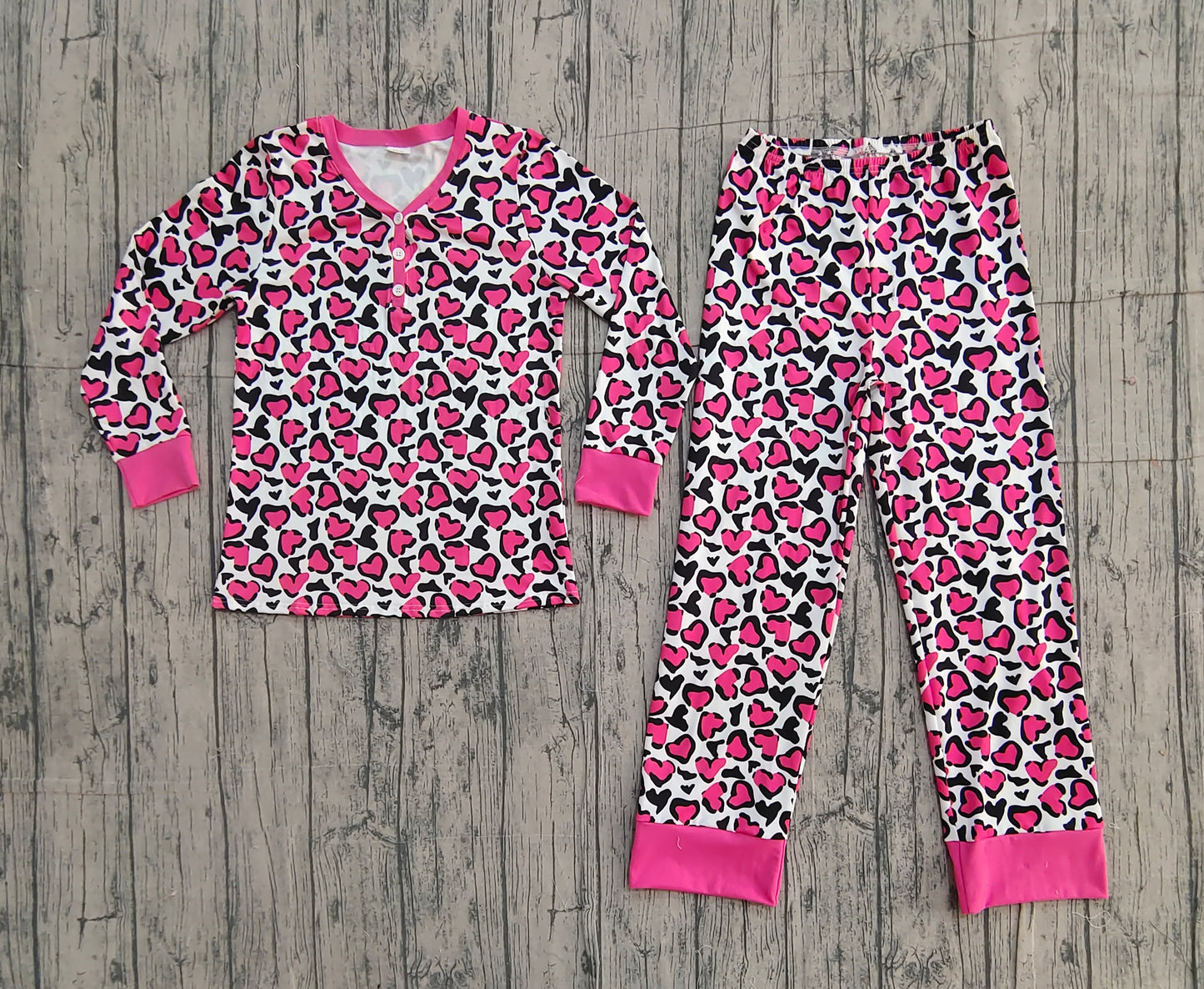 Adult Women Pink Black Hearts Leopard Pants Valentines Pajamas Sets