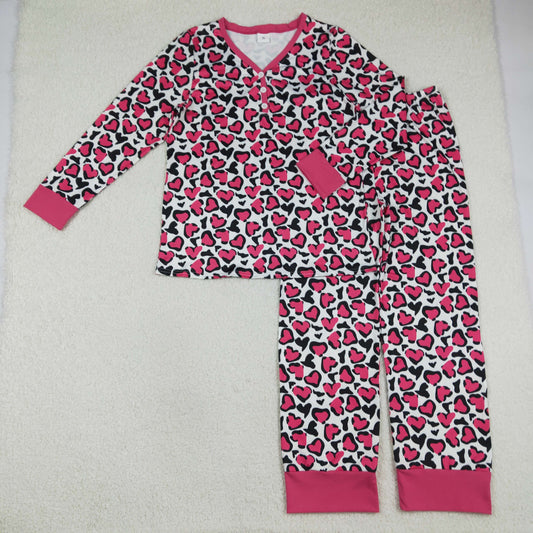 Adult Women Pink Black Hearts Leopard Pants Valentines Pajamas Sets