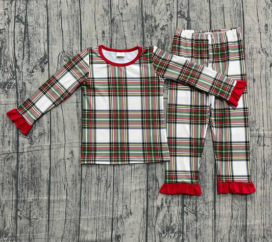 Baby Girls Green Red Checked Top Ruffle Pants Christmas Pajamas Sets