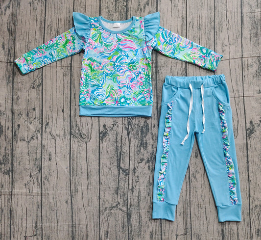 Baby Girls Blue Watercolor Floral Top Pockets Ruffle Jogger Pants Clothes Sets