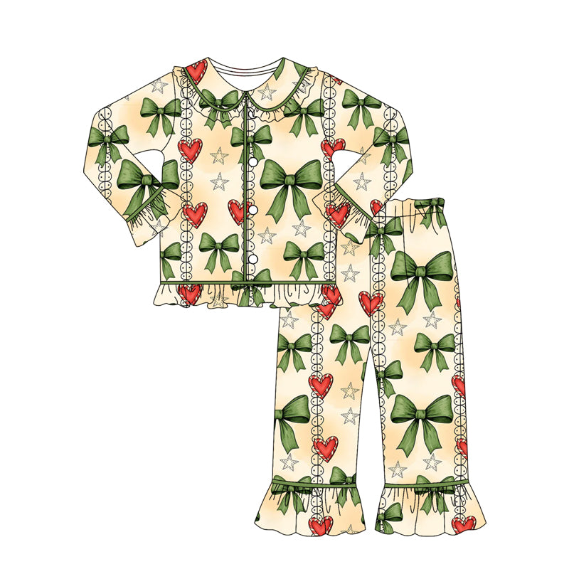 Baby Girls Green Red Hearts Bows Button Top Pants Christmas Pajamas Sets Preorder