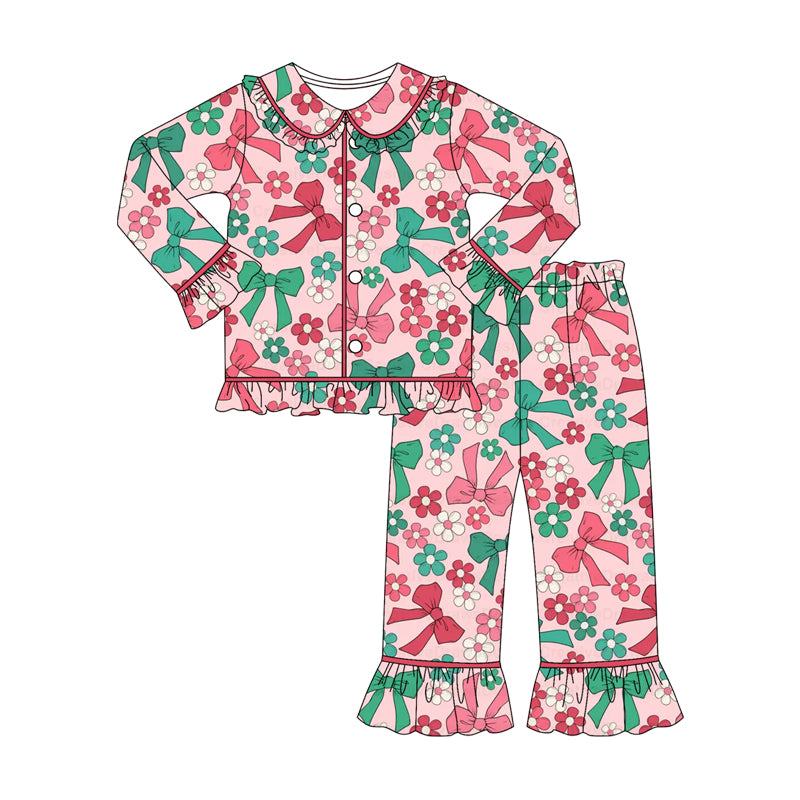 Baby Girls Green Red Flowers Bows Button Top Pants Christmas Pajamas Sets Preorder