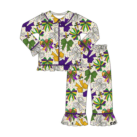 Baby Girls Mardi Gras Anchors Bows Button Top Pants Christmas Pajamas Sets Preorder