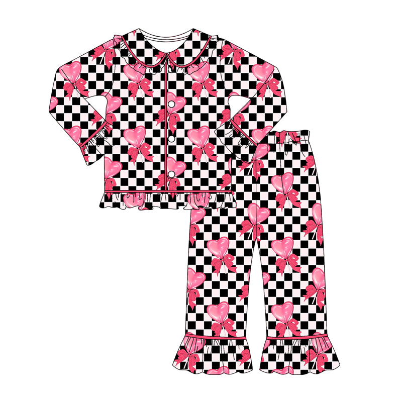 Baby Girls Black Checked Pink Hearts Bows Button Top Pants Valentine Pajamas Sets Preorder