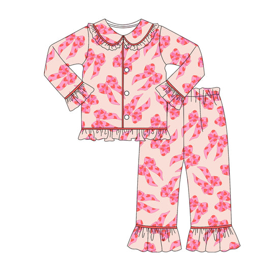 Baby Girls Pink Heart Bows Button Top Pants Valentine Pajamas Sets Preorder