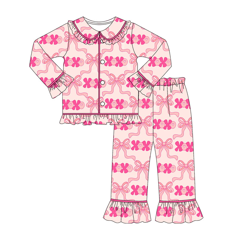 Baby Girls Pink Bows XOXO Checked Button Top Pants Valentine Pajamas Sets Preorder