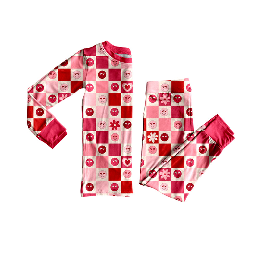 Baby Girls Red Hearts Smiles Checked Top Pants Valentine Pajamas Sets Preorder
