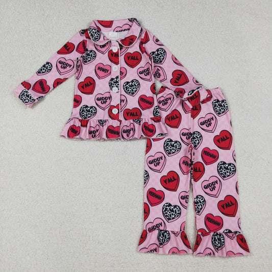Baby Girls Pink Checked Hearts Button Top Pants Valentine Pajamas Sets