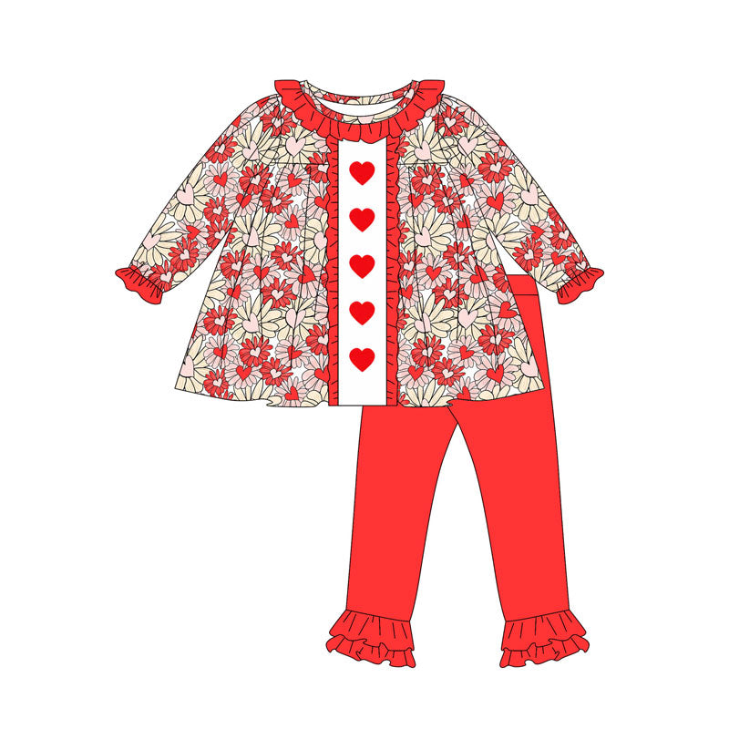 GLP2847Baby Girls Red Hearts Flowers Tunic Ruffle Legging Pants Valentine Clothes Sets Preorder